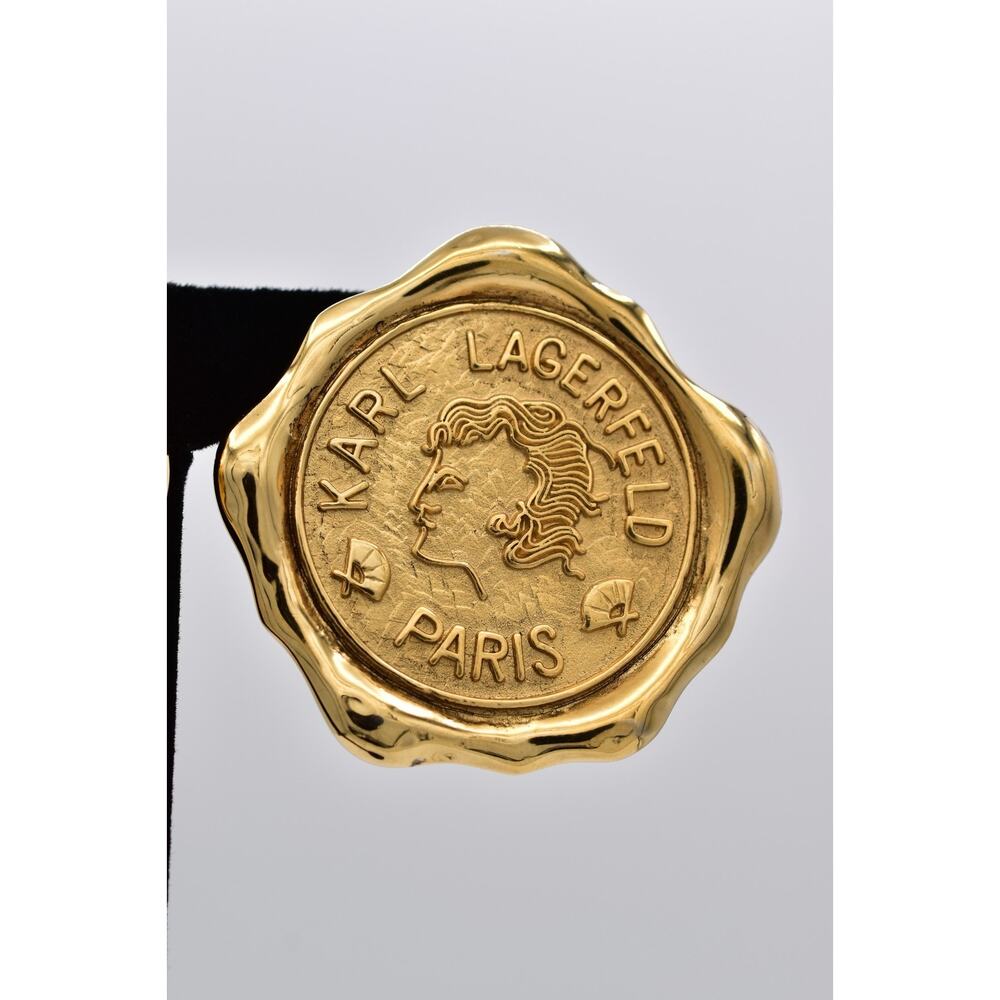 Karl Lagerfeld Vintage Logo Seal Clip On Earrings Paris Medallion Gold 80s Bin5 - Picture 8 of 12